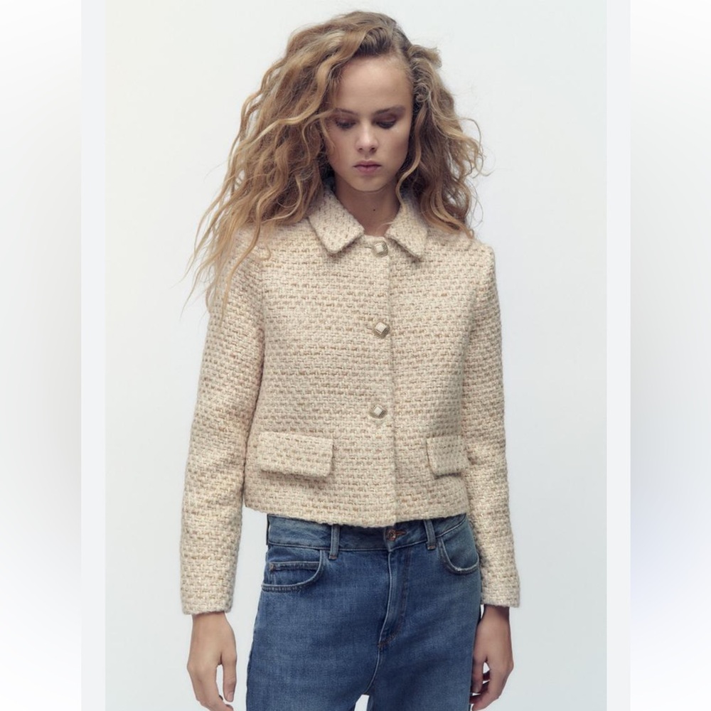 ZARA TWEED STRUCTURED SHORT BLAZER WOOL BLEND LIMITED EDITION -Tan Beige Small